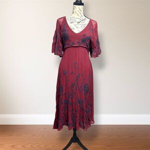 New Anthropologie Maeve Francoise Red Floral Embroidered Midi Dress V-Neck Boho